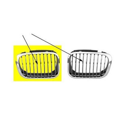 Grille de calandre droite noire pourtour chromé pour BMW Série 3 E46 Berline Touring phase 1 (-08/2001) et Compact (01/2001-12/2004) - côté passager - BA18206