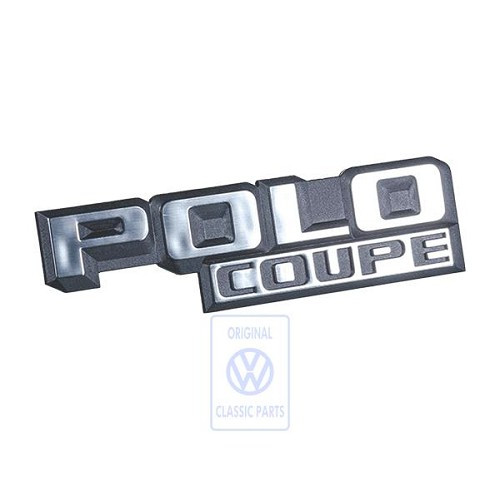 Insígnia traseira cromada POLO COUPE em fundo preto para VW Polo 2 86C Coupé (10/1981-09/1990)