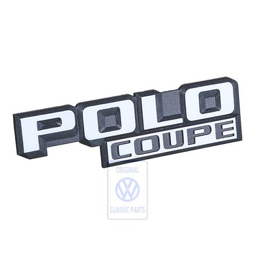 Witte POLO COUPE achterbadge op zwarte achtergrond voor VW Polo 2 86C Coupé (10/1981-09/1990) 