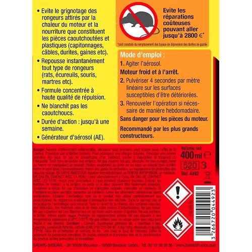 Répulsif anti rongeurs BARDAHL pour fourgons camping-cars et caravanes - bombe - 400ml - CA10751