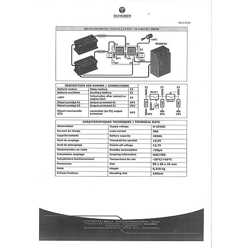 Coupleur séparateur faible capacité 50A /maxi 70A Scheiber - 3 départs de batteries inclus relais frigo - CD10415