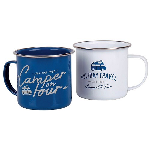 Set de 2 mugs émaillés blanc & bleu "Holiday Travel" & "Camper Tour" 400ml