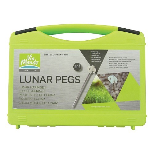 Set van 20 LUNAR PEGS haringen L:20,3 cm koffer - zeer harde en steenachtige ondergrond - fluorescerende sluitingen
