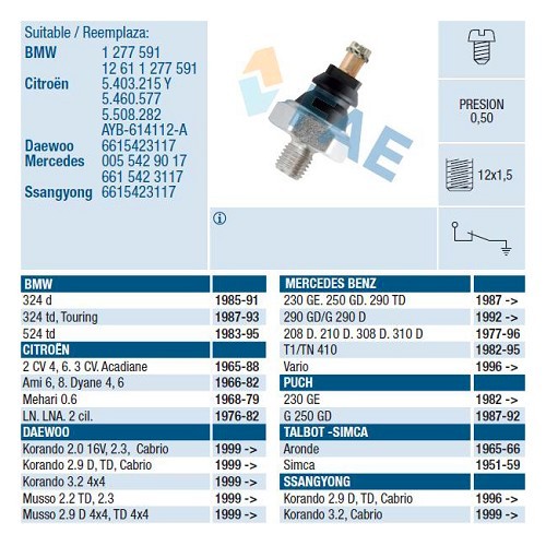 Mano contacto con tornillo para 2CV y derivados - 0,5 bar M12 - CV10648