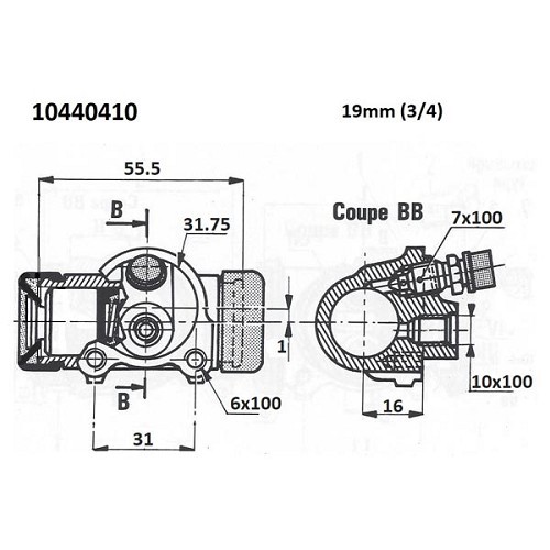 Cilindro da roda traseira com chave 10 para carrinha de 2cv até 1963 - 19mm-10x1mm - CV42010