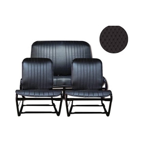 Symmetrical perforated black leatherette seat covers and rear bench seat without flaps