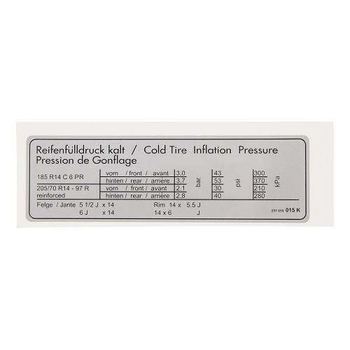  Tire pressure sticker for VOLKSWAGEN Transporter T25 (05/1979-07/1992) - Except 16" syncro - KA08017 