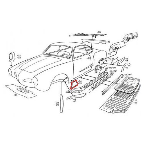 Painel de balancim dianteiro direito para Volkswagen Karmann Ghia tipo 14 (08/1959-) - KGT088905