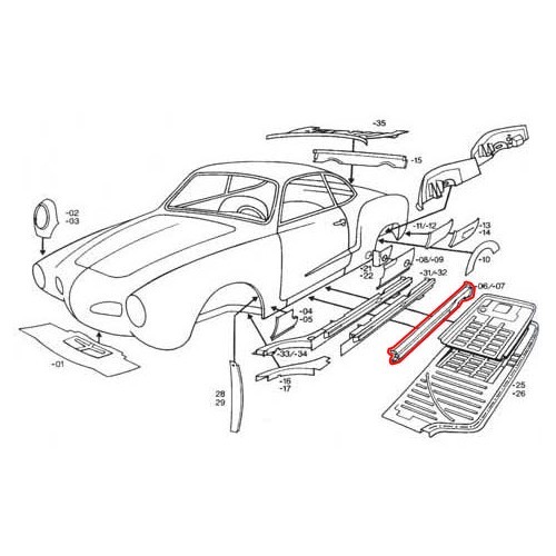 Davanzale centrale sinistro per Karmann Ghia tipo 14 - KGT088906