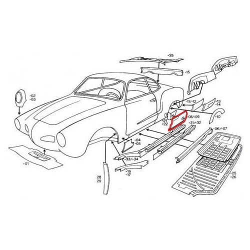 Bas de caisse arrière droit pour Karmann Ghia type 14 - KGT088909