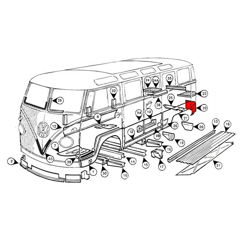  Coin d'aile arrière gauche pour VOLKSWAGEN Combi Split et Bay Window (1950-1971) - KT0221-1 