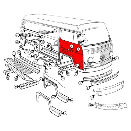 Panneau de porte avant droit pour Combi Bay Window 1968 -> 1979 - KT2062