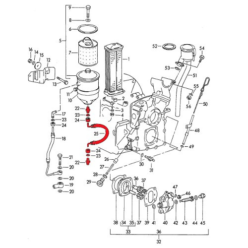 Tubo de óleo na caixa do filtro de óleo para Porsche 356 Pré-A, A, B e C (1950-1965) - RS92091