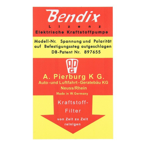 	
				
				
	Autocollant BENDIX de pompe à essence pour Porsche 911 type F (1965-1973) - RS92261
