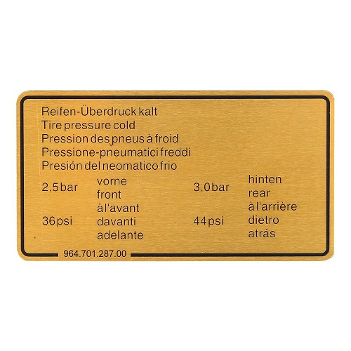  Adhesivo de presión de neumáticos para Porsche 911 tipo 964 (1989-1994) - 2,5 y 3,0 bar - RS92378 