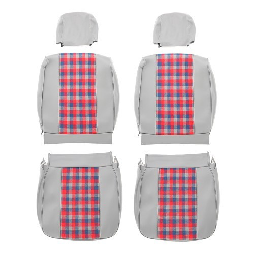 Set of front and rear seat covers for Renault 4 (01/1978-12/1992) - grey leatherette, red and blue plaid - RT20024