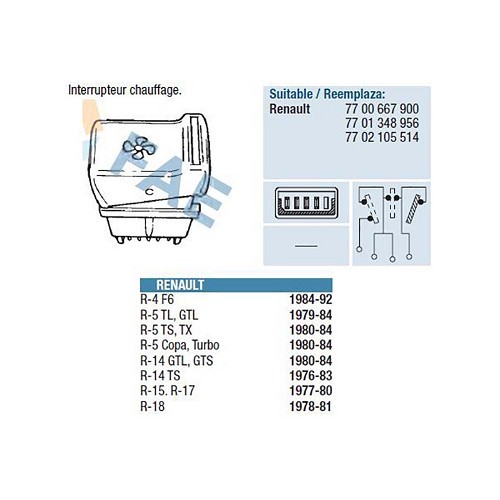  Interruptor de aquecedor para Renault 4 (04/1982-12/1993) - RT30082 