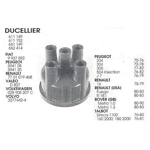 Cabeça de ignição tipo poliéster Ducellier para Renault 4 (04/1962-12/1993)