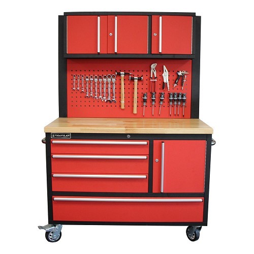  Servante d'atelier TOOLATELIER XXL 4 tiroirs plateau bois + 1 porte basse + 3 portes hautes avec panneau mural - TA00206 