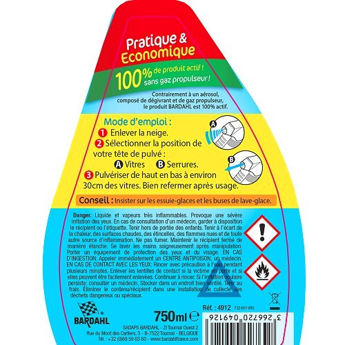 Dégivrant vitres et serrures grand froid -25°C BARDAHL - pulvérisateur 750ml - UA01232