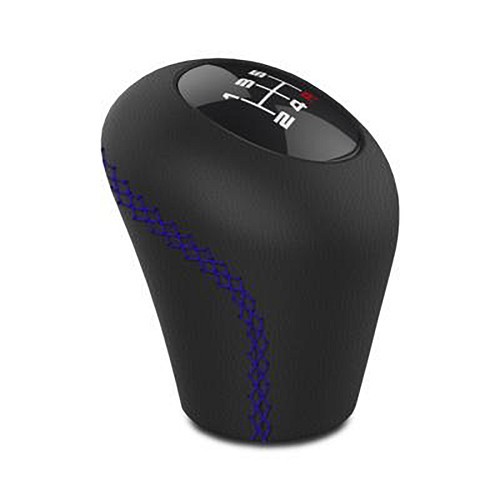  Black leather gear knob with blue topstitching - UB00204 