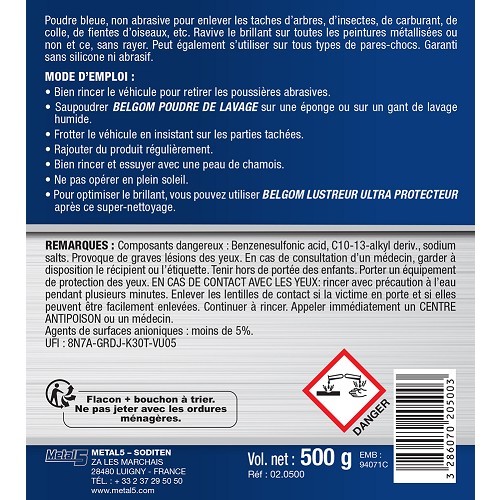 Poudre de Lavage BELGOM pour carrosserie - flacon - 500ml - UC01100