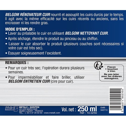  Rénovateur BELGOM pour cuir - flacon - 250ml - UC01800-1 