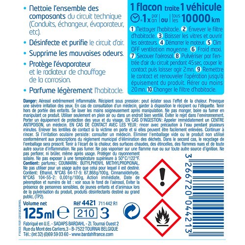 BARDAHL kit met ontsmettingsmiddel en reinigingsmiddel voor airconditioning en passagierscompartiment - spuitbus 2x 125ml - UC04162