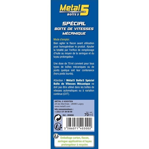 Traitement anti-usure spécial boîte de vitesses manuelle METAL 5 - seringue  - 70ml - UD03800 