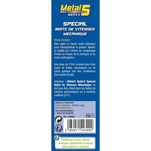 Traitement anti-usure spécial boîte de vitesses manuelle METAL 5 - seringue - 70ml - UD03800