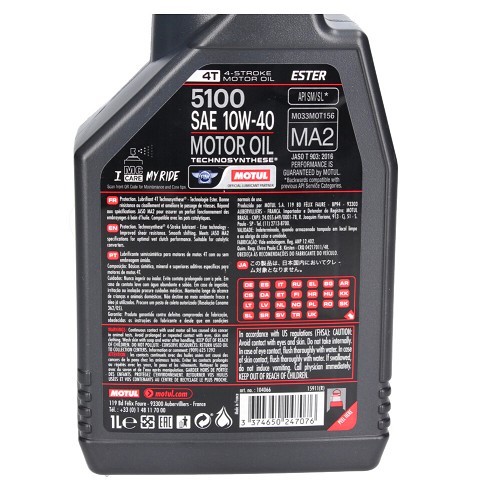 Huile moteur pour moto MOTUL 5100 4T 10W40 - Technosynthèse - 1 Litre - UD10602