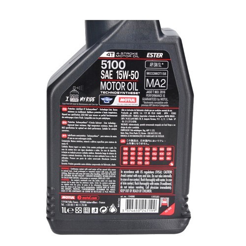 Huile moteur pour moto MOTUL 5100 4T 15W50 - Technosynthèse - 1 Litre - UD10604