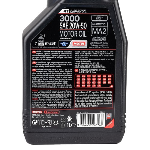Motul 3000 4T 20W50 aceite mineral para moto, 1 litro - UD10624