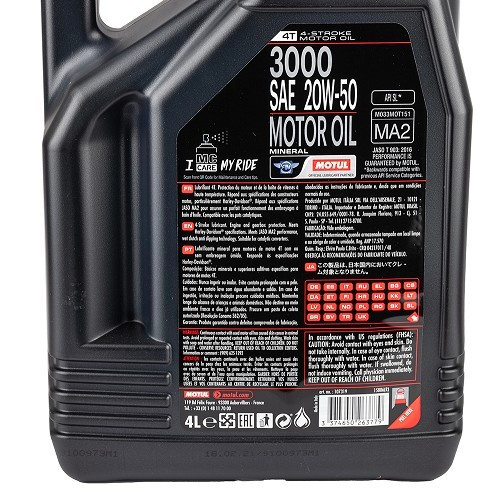 Motorcycle engine oil MOTUL 3000 4T 20W50 - mineral - 4 Liters - UD10625