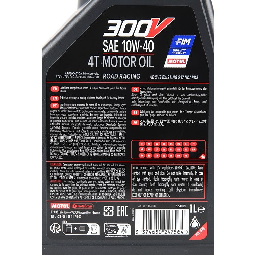 Huile moteur pour moto MOTUL 300V 4T 10W40 - synthétique - 1 Litre - UD10632