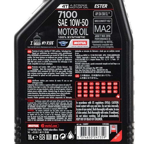 Motorfiets motorolie MOTUL 7100 4T 10W50 - synthetisch - 1 liter - UD10644