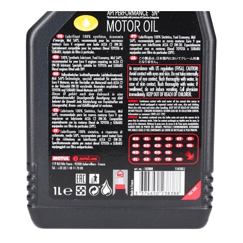 Huile moteur MOTUL 8100 ECO-clean 0W30 - 100% synthèse - 1 Litre - UD30003