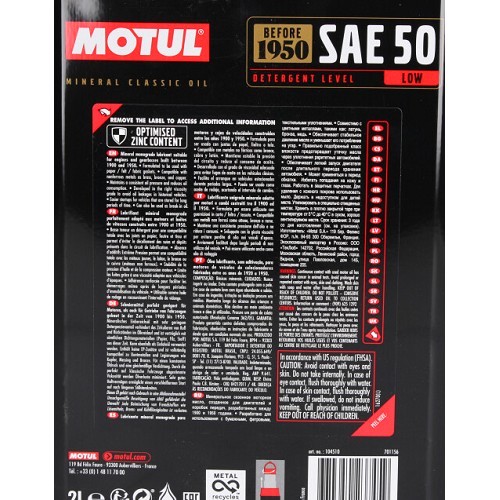 Olio motore MOTUL Classic SAE 50 - minerale - 2 litri - UD30040