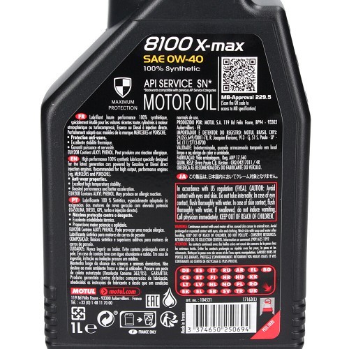 Óleo de motor MOTUL 8100 X-max 0W40 - sintético - 1 litro - UD30259