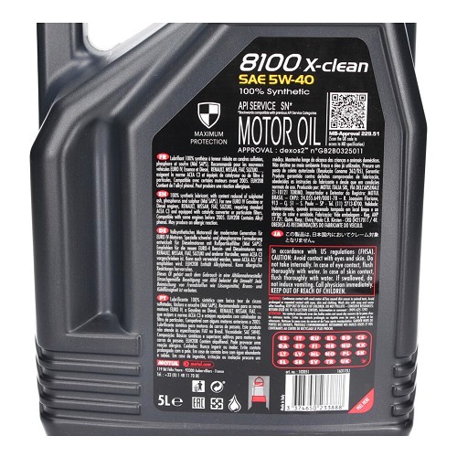 Huile moteur MOTUL 8100 X-clean 5W40 - 100% synthèse - 5 Litres - UD30290