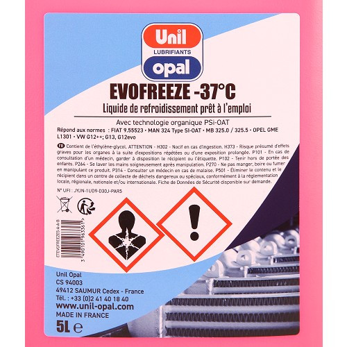 UNIL OPAL EVOFREEZE G12 EVO coolant -37°C - pink - 5 Litres - UD30359