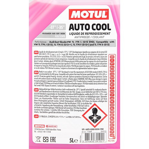 Líquido de arrefecimento MOTUL AUTO COOL G12 EVO lobrid tech -37°C - cor-de-rosa - 5 litros - UD30366