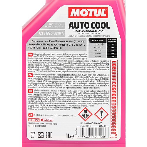 Líquido de arrefecimento concentrado MOTUL AUTO COOL G12 EVO ULTRA lobrid tech - cor-de-rosa - 1 litro - UD30367