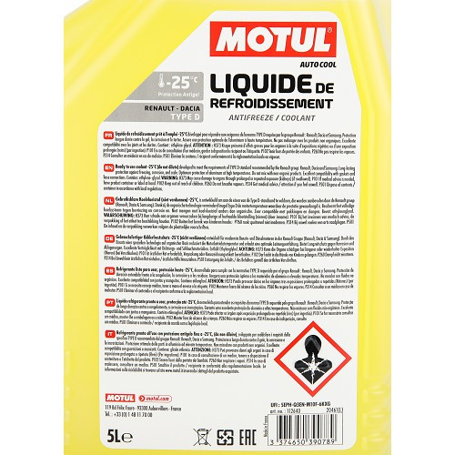 Agente refrigerante MOTUL AUTO COOL TYPE D Renault e Dacia organic tech -25°C - amarelo - 5 litros - UD30368