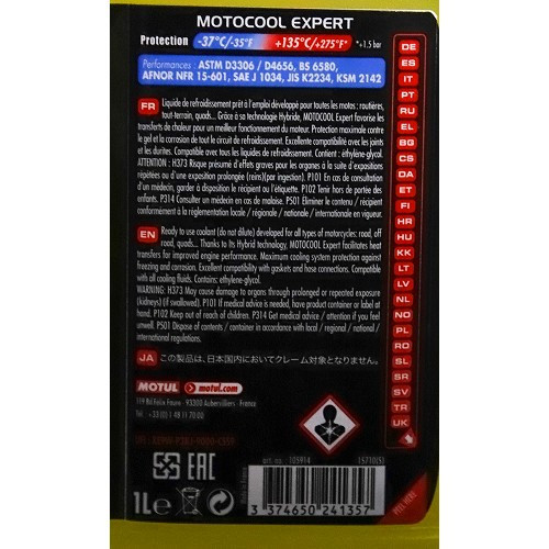 Liquide de refroidissement MOTUL MOTOCOOL EXPERT Hybrid Tech -37°C - jaune - 1 Litre - UD30382