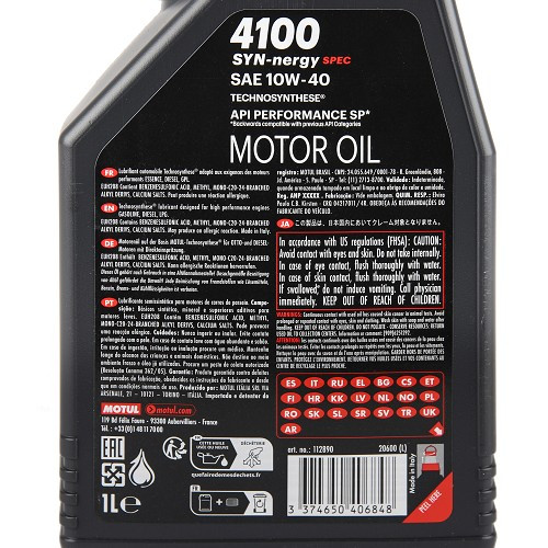 Aceite de motor MOTUL 4100 Syn-Nergy Spec 10W40 - Technosynthesis - 1 Litro - UD30419