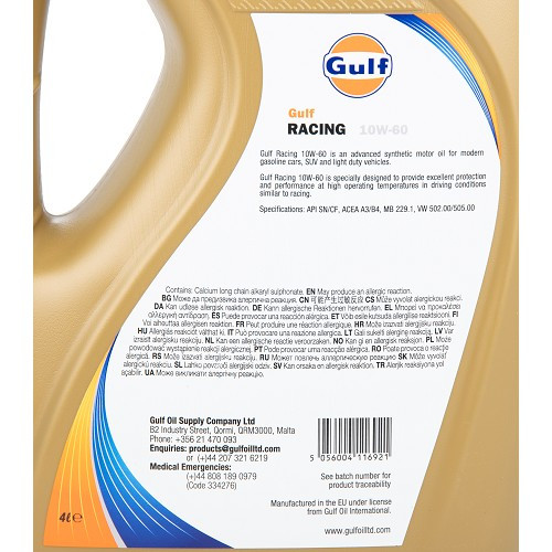 GULF RACING 10W60 motorolie - 100% synthetisch - 4 liter - UD30448