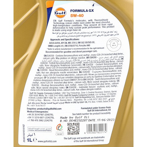 Aceite de motor GULF Formula GX 5W40 - 100% sintético - 1 Litro - UD30454