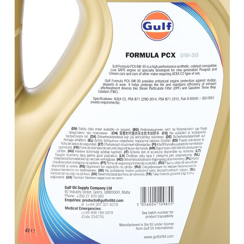  Óleo de motor GULF Formula PCX 0W30 PSA B71 2312 - 100% sintético - 4 litros - UD30468-2 