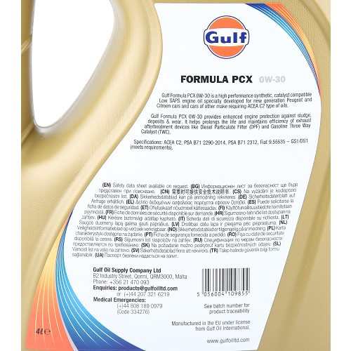 Huile moteur GULF Formula PCX 0W30 PSA B71 2312 - 100% synthèse - 4 Litres - UD30468